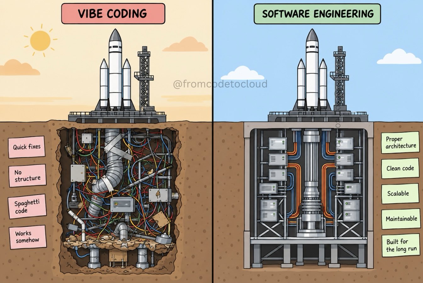 Split illustration of two identical rockets on launch pads. Left, labelled Vibe Coding: underground is a chaotic tangle of wires and pipes tagged quick fixes, no structure, spaghetti code, works somehow. Right, labelled Software Engineering: an orderly engineered basement tagged proper architecture, clean code, scalable, maintainable, built for the long run.
