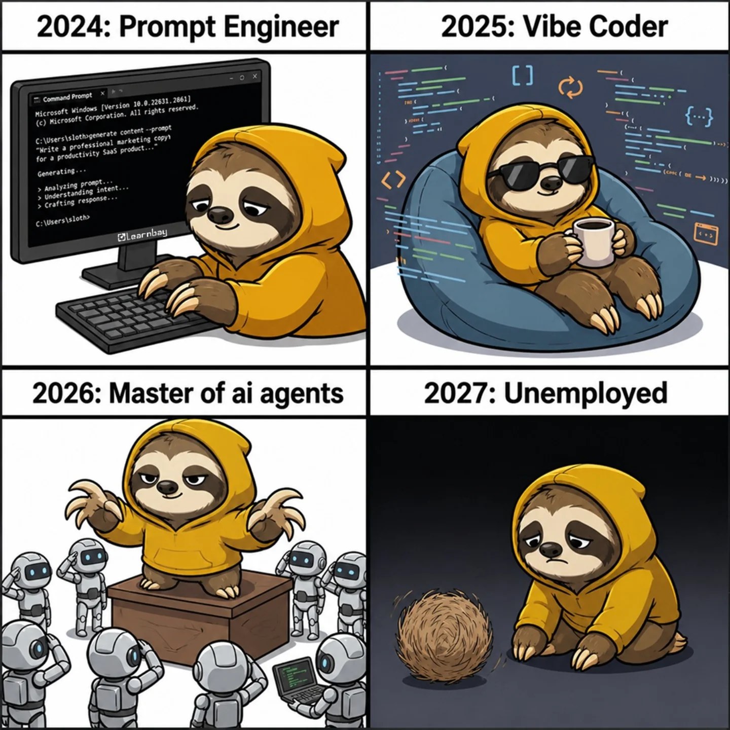 Four-panel cartoon of a sloth in a yellow hoodie. 2024: Prompt Engineer, typing at a command prompt. 2025: Vibe Coder, relaxing on a beanbag in sunglasses with a mug. 2026: Master of AI agents, standing on a box directing a crowd of robots. 2027: Unemployed, sitting alone beside a tumbleweed.